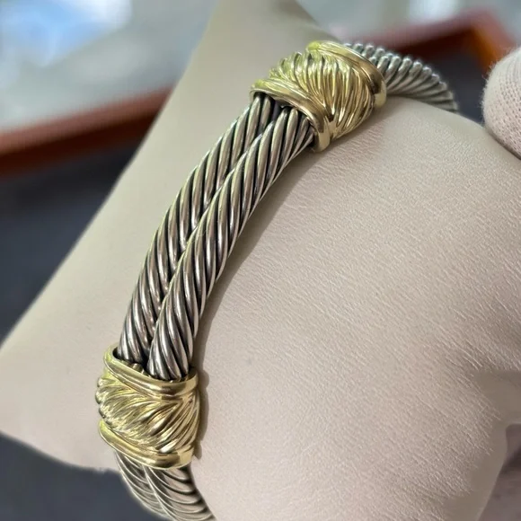 David Yurman 925 & 14k Gold Double Cable Metro Bracelet-Small - Picture 9 of 9